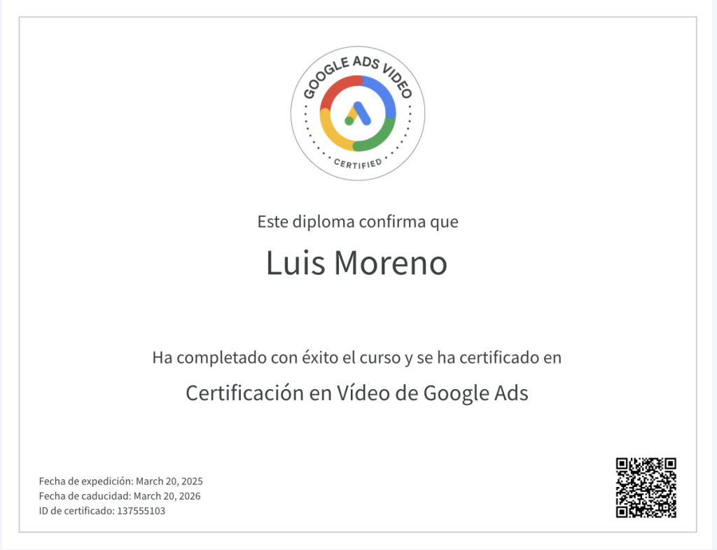Certifica de Video de Google Ads